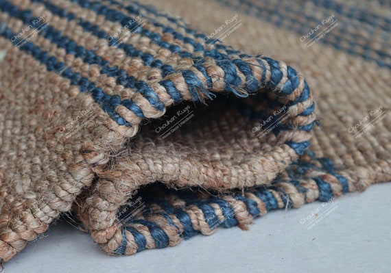 Handmade Jute Hemp Rug with Color Stripes, Boho Farmhouse Decor, Handmade Home and Living Decor Hemp Jute Runner