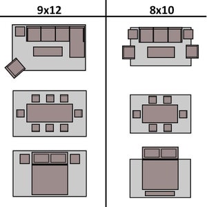 May include: Diagram showing how to arrange furniture on a 2.74 x 3.66 metre rug and a 2.44 x 3.05 metre rug. The furniture includes a sofa, chairs, a coffee table, a dining table, and a bed.