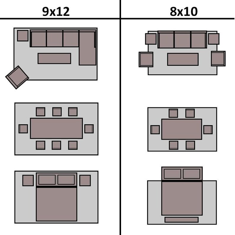 May include: Diagram showing how to arrange furniture on a 2.74 x 3.66 metre rug and a 2.44 x 3.05 metre rug. The furniture includes a sofa, chairs, a coffee table, a dining table, and a bed.