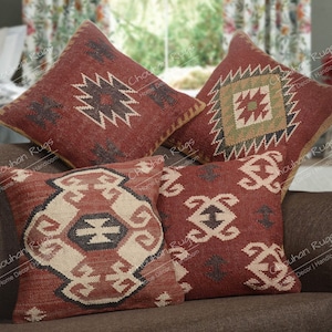 4 set yute Vintage Kilim almohada, decoración del hogar, almohada turca tejida a mano, almohada marroquí, almohada de tiro decorativa, cubierta de cojín Kilim, almohada de yute Set 2