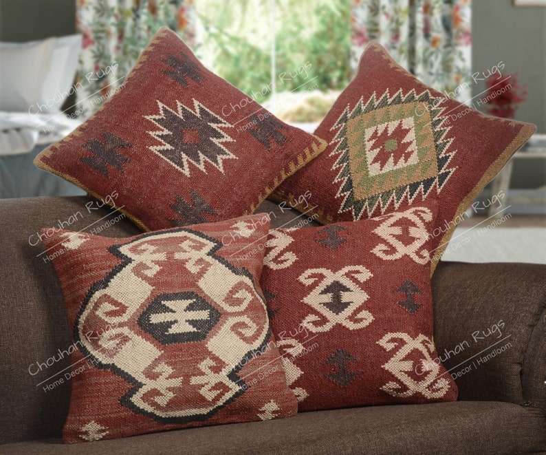 4 Set jute Vintage Kilim Pillow,Home Decor,Handwoven Turkish Pillow,Moroccan Pillow,Decorative Throw Pillow, Kilim Cushion Cover,Jute Pillow Set 2