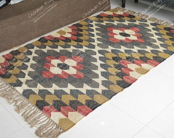 Handmade Wool Jute KILIM Rug, Multicolor; Jute Rug; Kilim Dhurrie; traditional Indian; Chic, Victorian, Hipster; Custom Sizes FREE SHIPPIING