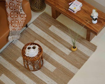Handwoven Hemp Jute Rug – Eco Friendly Striped Area Rug, Sustainable Natural Home Decor