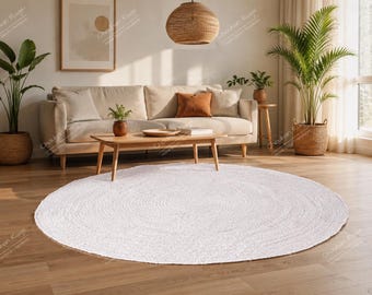 Indian Handmade White Round Jute Rug Yoga Mat Bohemian Rug Round Doormat Turkish Rug Living Room Rug Vintage Rug Round Carpet Rustic Rug