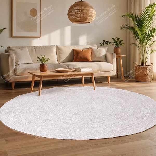 Indian Handmade White Round Jute Rug Yoga Mat Bohemian Rug Round Doormat Turkish Rug Living Room Rug Vintage Rug Round Carpet Rustic Rug