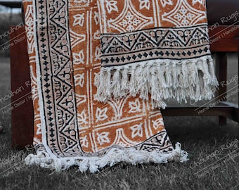 Indian Handmade Throw Blanket Bohemian Cloth Bed cover with Tassels Hand-Loomed Block Print Cotton Sofa Throw, Soft Cotton Throws