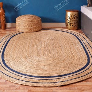 Handmade Jute Braided Oval Rug, Navy Blue Border | Rustic Natural Fiber Rug | Handmade Jute Carpet | Country Home Decor