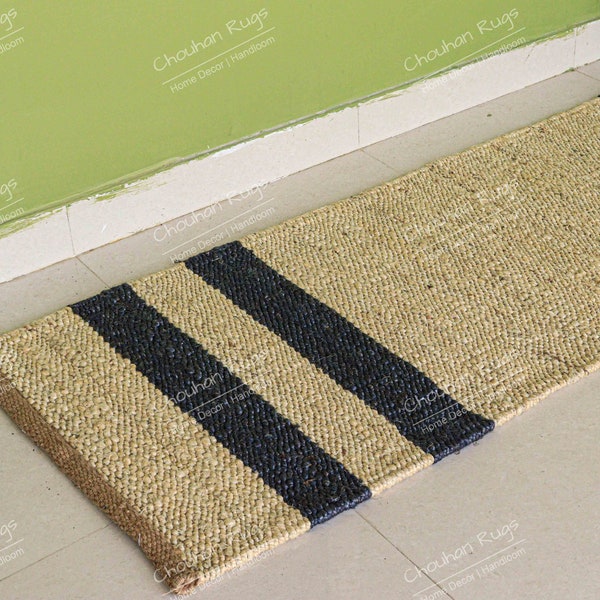 Beige with Blue Color Stripes Jute Hemp Runner Stair runner rug runners for hallway extremely long runner rug custom stair carpet