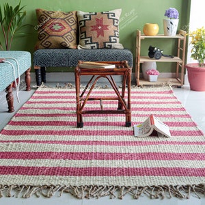 Off White Handmade Natural Jute Hemp Rectangle Rug For Living Area Décor With Red Stripes Custom Size Jute Hemp Runner Stair Decor Hemp