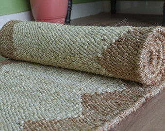 Handgemaakte henneploper wit en beige kleur boho decor hennep hal decor hennep jute loper hennep voor boerderij aangepast formaat henneptapijt