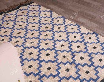 Handvävd jute kelimmatta, stor ulldekor, boho-dekor ulljutematta, rustik verandamatta, inflyttningspresenter