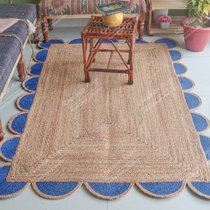 Scalloped Handmade Natural Jute Braided Rug with Blue and Orange Scallop Turkish Rug Living Room Rug Vintage Rug Jute Carpet Custom Size Rug