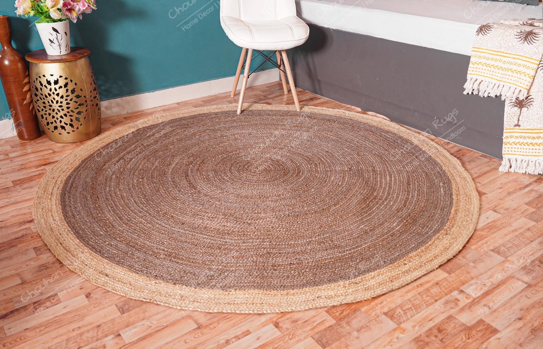 Indian Handmade Grey Round Jute Rug With Beige Border Yoga Mat Bohemian Rug Doormat Rug Turkish