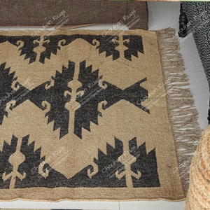 Handgjord kelimmatta i ulljute: Svart och beige Dhurrie, vintage halldekor ulljutematta, stor matta, plattvågig kelimmatta bild 4