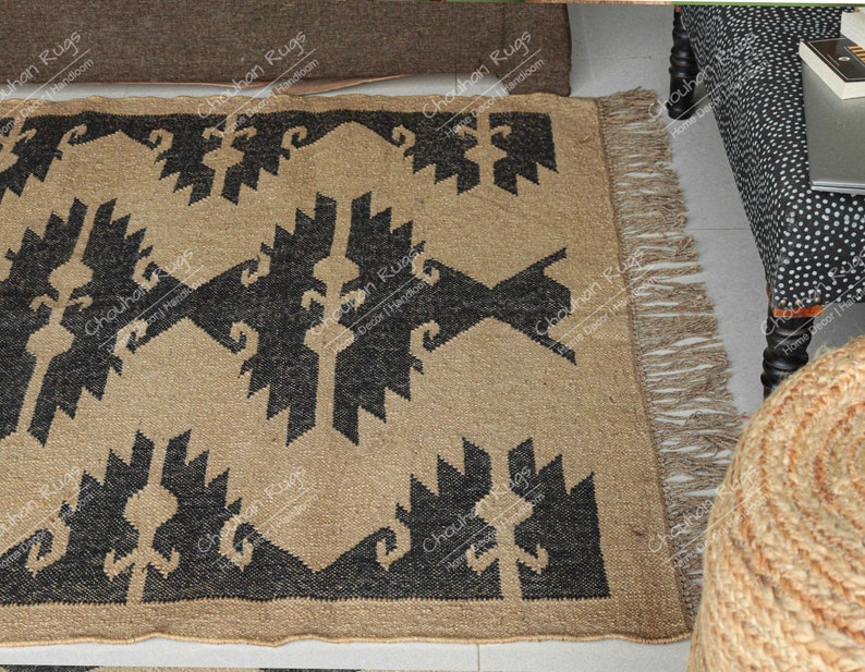 Handgjord kelimmatta i ulljute: Svart och beige Dhurrie, vintage halldekor ulljutematta, stor matta, plattvågig kelimmatta bild 4