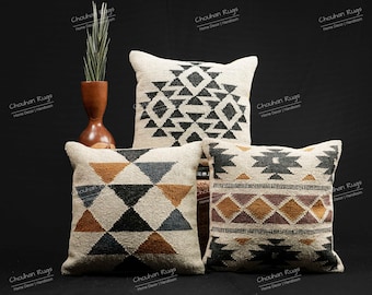 Fundas de almohada Kilim vintage de yute de lana tejidas a mano de diseñador de 45x45 cm, juego de 3 fundas de cojín de yute para banco/suelo, funda de almohada hecha a mano bohemia