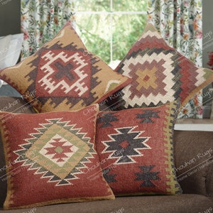 4 set yute Vintage Kilim almohada, decoración del hogar, almohada turca tejida a mano, almohada marroquí, almohada de tiro decorativa, cubierta de cojín Kilim, almohada de yute Set 4