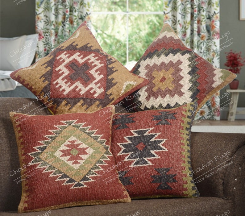 4 set yute Vintage Kilim almohada, decoración del hogar, almohada turca tejida a mano, almohada marroquí, almohada de tiro decorativa, cubierta de cojín Kilim, almohada de yute Set 4