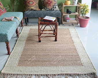 Indischer Handgewebter Beige Hanf Jute Teppich mit farbiger Bordüre Schöner Hanf Teppich Für Haus und Wohnen Interior Küche Dekor Hanf Teppich/Läufer/Teppich