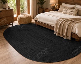 Handgefertigter ovaler Juteteppich: Geflochtene Boho-Fußmatte, solides schwarzes Oval für Esstischdekor, Flur-Ovalteppich, Boho-Teppich