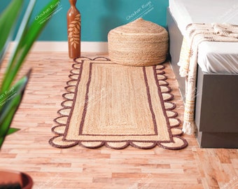 Custom Size and Color Border Hand Braided Natural Jute Scalloped Runner Rug Handmade Jute Rug Boho Décor Bohemian Rug Jute Area Rug