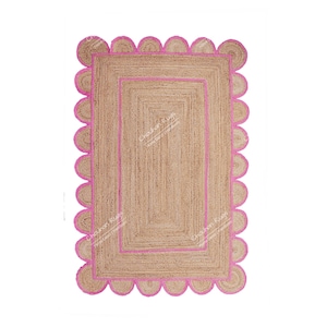 Hand Braided Scalloped Natural Jute Rug with Pink Border Boho Rug Bohemian Rug Jute Area Rug Handmade Jute Rug Custom Size Rug Room Decor