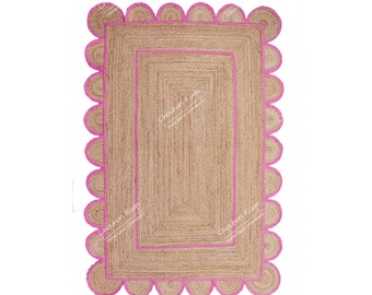 Handmade Scalloped Natural Jute Braided Rug with Pink Border Boho Rug Scalloped Doormat Bohemian Rug Jute Area Rug Custom Size Rug