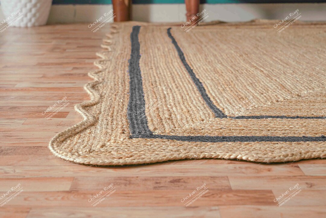 Wave Edge Rug Scalloped Hand Braided Natural Jute Rug With Dark Gray Border, Wavy ...