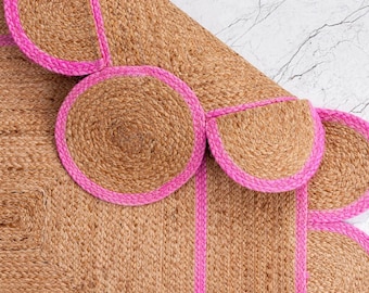 Handmade Scalloped Jute Rug with Pink Border, Boho Doormat, Bohemian Home, and Living Decor, Bedside Braided Jute Rug, Custom Size Jute Rug