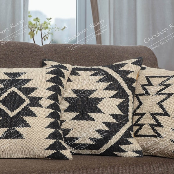 3  pcs set of Hand loomed Cushion cover Jute pillows Cover 18x18  Hand-woven Throw Home Decor Sofa Pillows Cases Indian handmade  Vintage