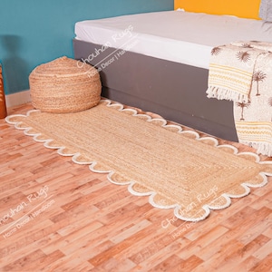 White Scallop Bordered Natural Jute Runner Rug Scalloped Runner Rug Bohemian Scallop Rug Jute Scalloped Rug Sisal Runner Custom Rug