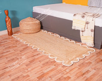 White Scallop Bordered Natural Jute Runner Rug Scalloped Runner Rug Bohemian Scallop Rug Jute Scalloped Rug Sisal Runner Custom Rug