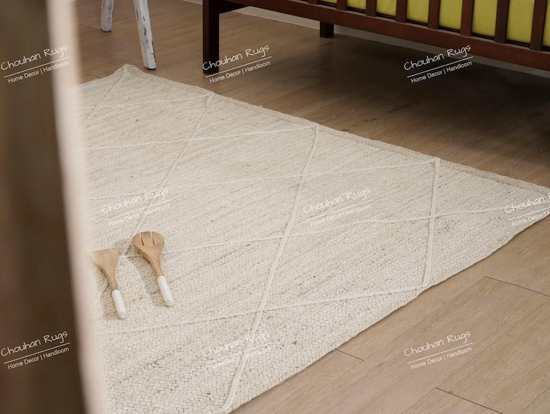 Custom Size Hand Braided White Rectangle Jute Rug With Diamond Pattern