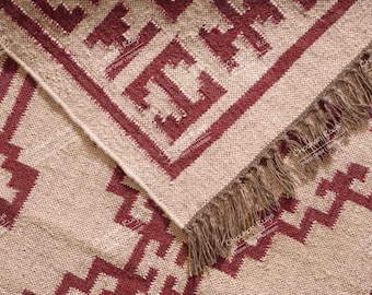 Indian Hand Woven Vintage Kilim Wool Jute Rug Traditional Handmade Wool and Jute Rug Kilim Dhurrie Rug Jute Area Rug Turkish Kilim Rug