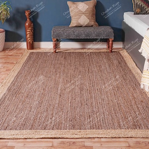 Indian Hand Braided Gray Jute Rug with Natural Border, Rectangle Jute Rug, Eco Friendly Rug, Rag Rug, Custom Size Rug, Boho Decor, Area Rug