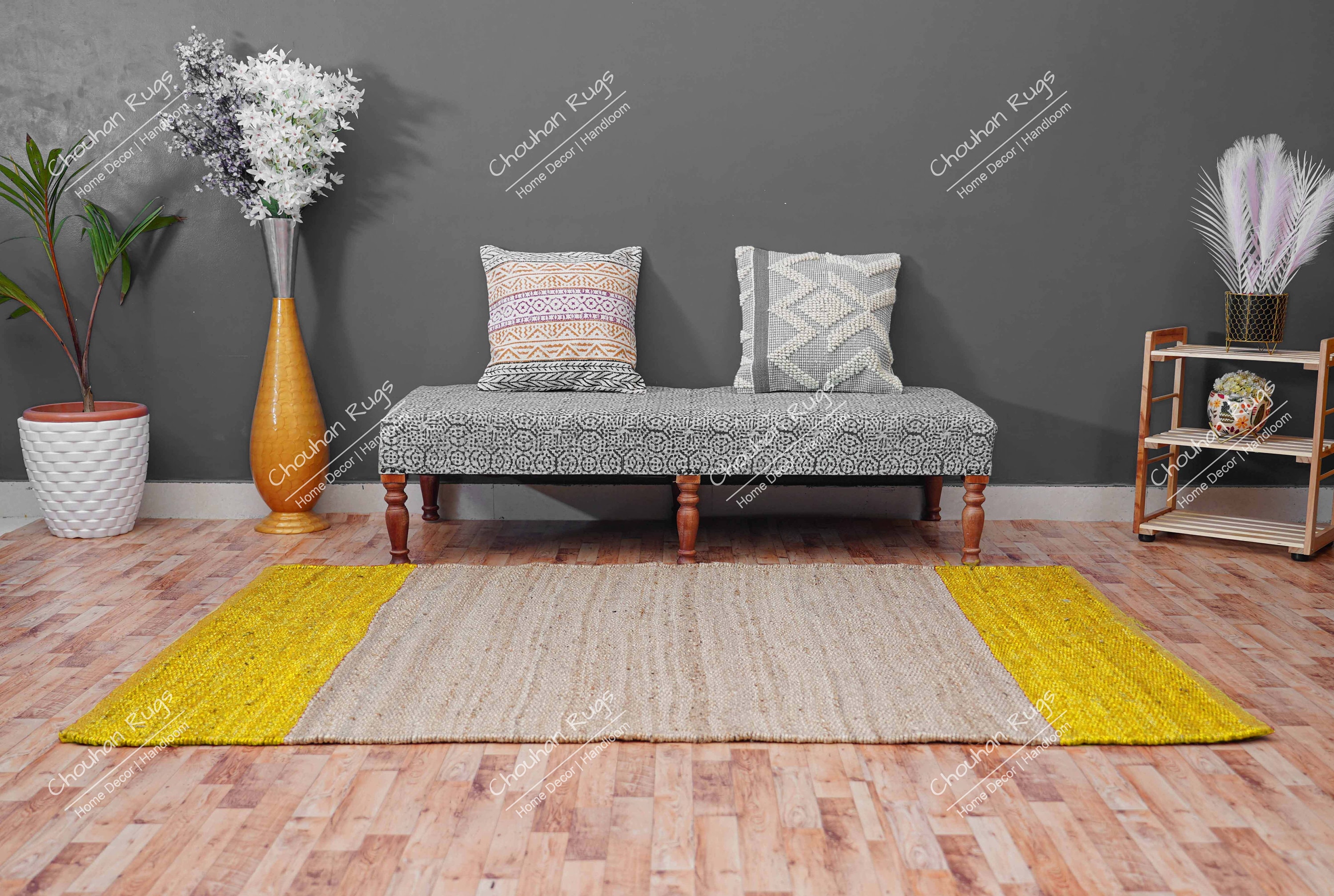Handmade Boho Natural Jute Hemp Rug with Yellow Border Large Area Hemp Rug Eco Friendly Turkish Solid Custom Size Rug Rustic Jute Rug