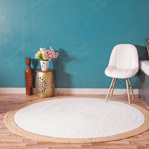Indian Handmade white with Natural Border Jute Braided Round Rug Large Area Rug Yoga Mat Decorative Rug Eco Friendly Rug Living Room Decor