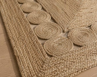 Indian Handmade Natural Jute Braided Scalloped Design Rug, Bedside Rectangle Rug, New Home Gift, Home Décor Living Room Decor Rug
