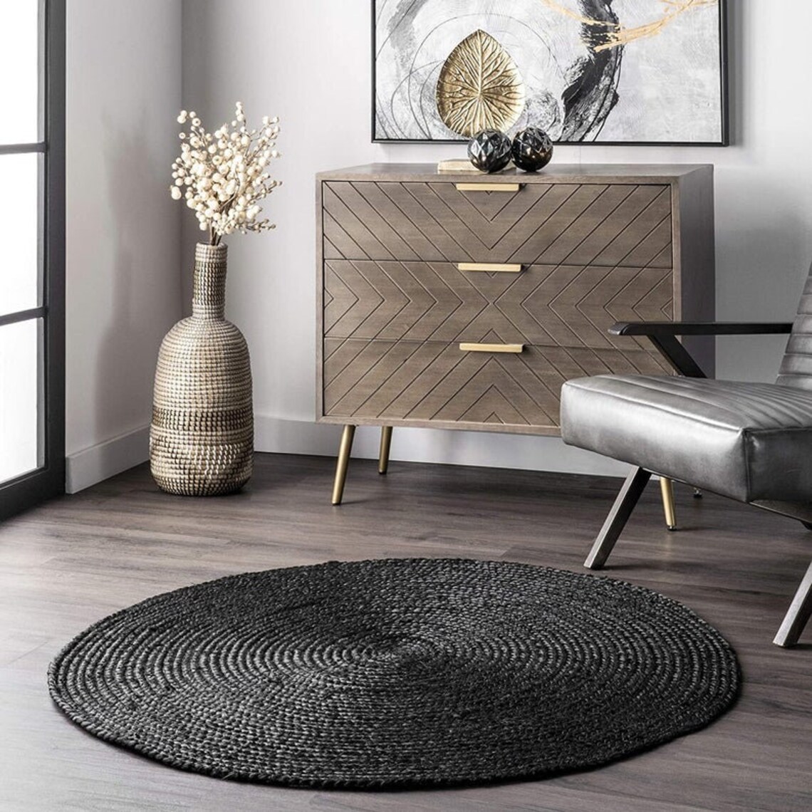2x23x310x1012x12 Ft. Black Jute Round Rug Natural Jute Hand Etsy