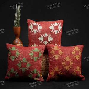 3 Set of 45x45 cm Hand Woven Vintage Kilim Multicolor Wool Jute Decorative Throw Pillow Covers Handmade Turkish Square Sofa Pillowcase