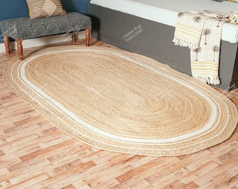 Natural Oval Jute Rug Indian Handmade Braided Vintage Area Rug, Indian Traditional Design Bohemian Rag Rug Eco Friendly Home Decor Large Rug