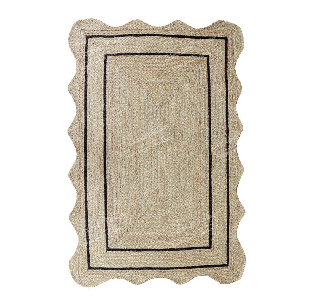 Handmade Beige Jute Rug With Black or Light Blue Border Etsy