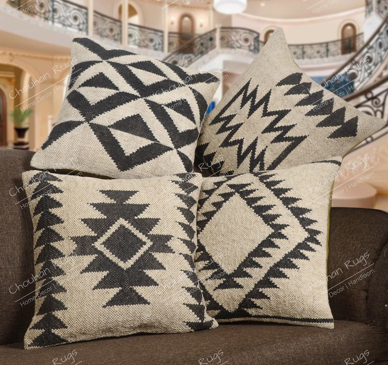 4 set yute Vintage Kilim almohada, decoración del hogar, almohada turca tejida a mano, almohada marroquí, almohada de tiro decorativa, cubierta de cojín Kilim, almohada de yute Set 3