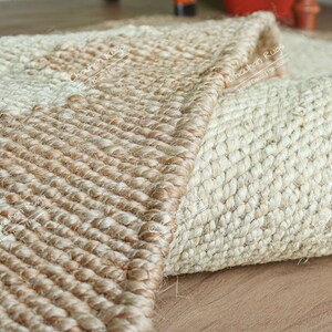 Handwoven Hemp Jute Rug | Natural Zigzag Border Flatweave | Sustainable Eco-Friendly Area Mat | Bohemian Stair Decor Hemp Runner