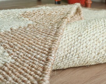 Handwoven Hemp Jute Rug | Natural Zigzag Border Flatweave | Sustainable Eco-Friendly Area Mat | Bohemian Stair Decor Hemp Runner