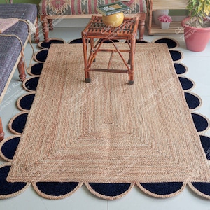Hand Braided Natural Jute Rug with Color Scallop Custom Size Rug Handmade Jute Rug Decorative Rug Vintage Area Rug Living Room Decor Rug