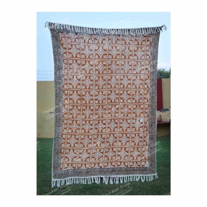 Handmade Rust Throw Authentic African Style Decor for Home Hand Loom Blanket Boho Block Print Bed Throw Linen with Tassels