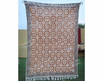 Handmade Rust Throw Authentic African Style Decor for Home Hand Loom Blanket Boho Block Print Bed Throw Linen with Tassels