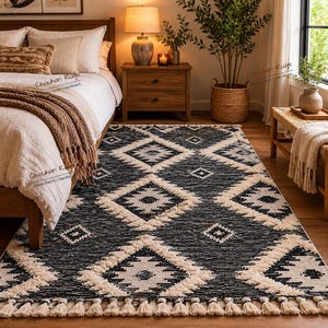 Puede incluir: Una alfombra rectangular con un patrón de diamantes en gris oscuro y crema con un acabado texturizado y copetudo. La alfombra está adornada con una fila de borlas de color crema a lo largo del borde inferior, creando un borde definido.