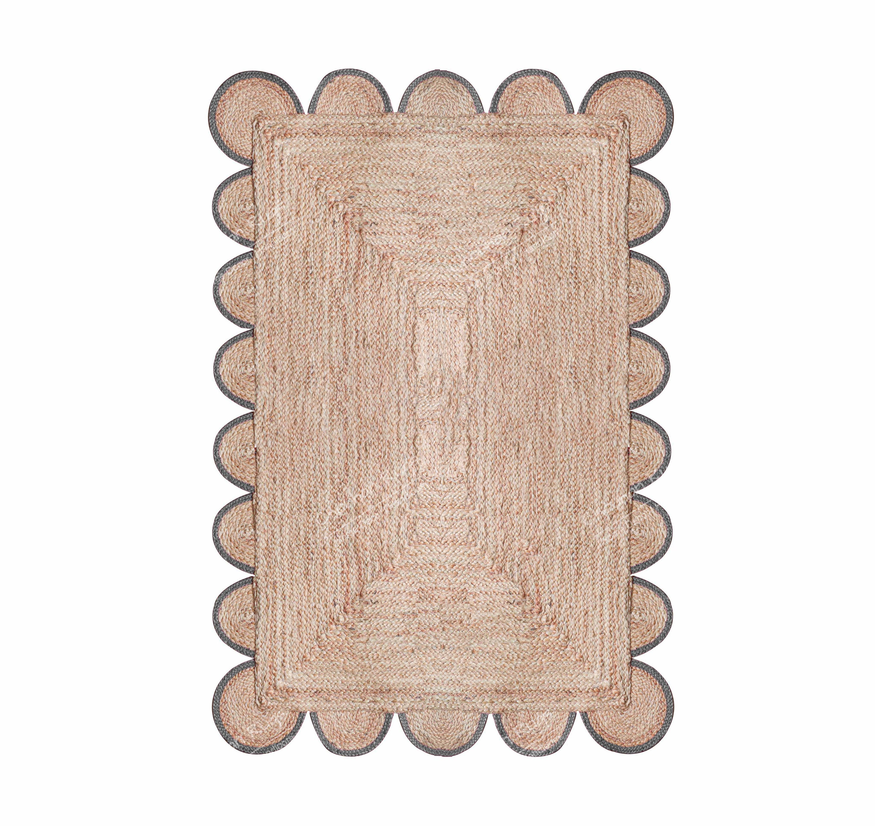 Hand Braided Natural Jute Rug with Color Scalloped Border Scallop Pattern Rug Area Rug Handmade Jute Rug Custom Size Rug Decorative Rug